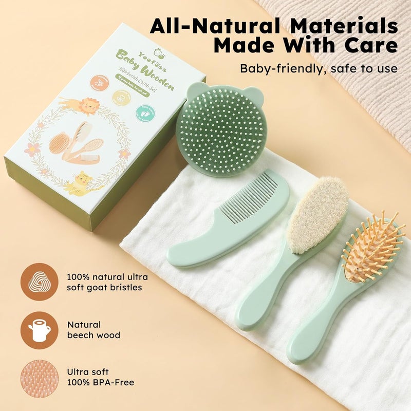 YOOFOSS 4 Piece Baby Hair Brush and Comb Set，Wooden Baby Hair Brush with Natural Ultra Soft Goat Hair, Baby Comb Set for Boy, Girl - Green - Image 4